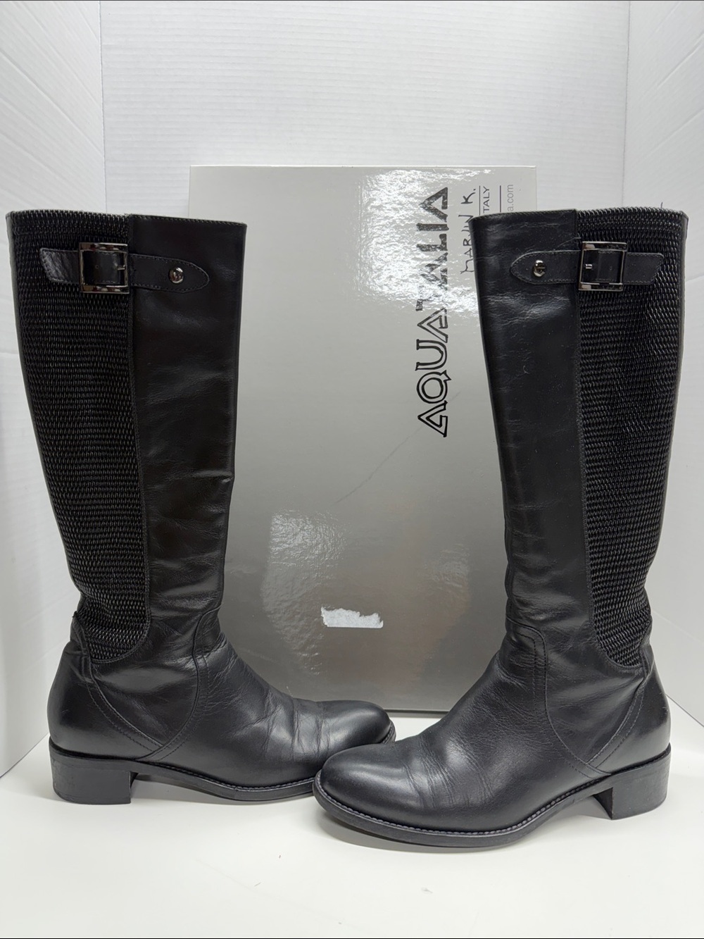 Aquatalia Obsession Boots Tall Riding Leather Side Zip Stretch Black Size 7
